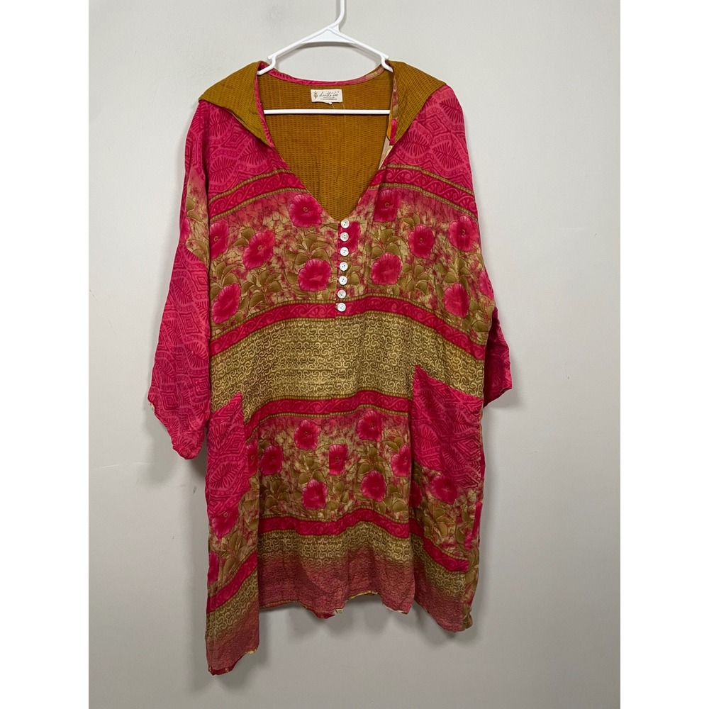 Kantha Bae Pink Floral Hooded Tunic Dress One Size Bohemian Art to Wear